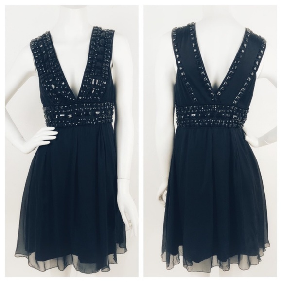 BEBE Dress Embellished Beaded Double V Mini LBD - Picture 1 of 8